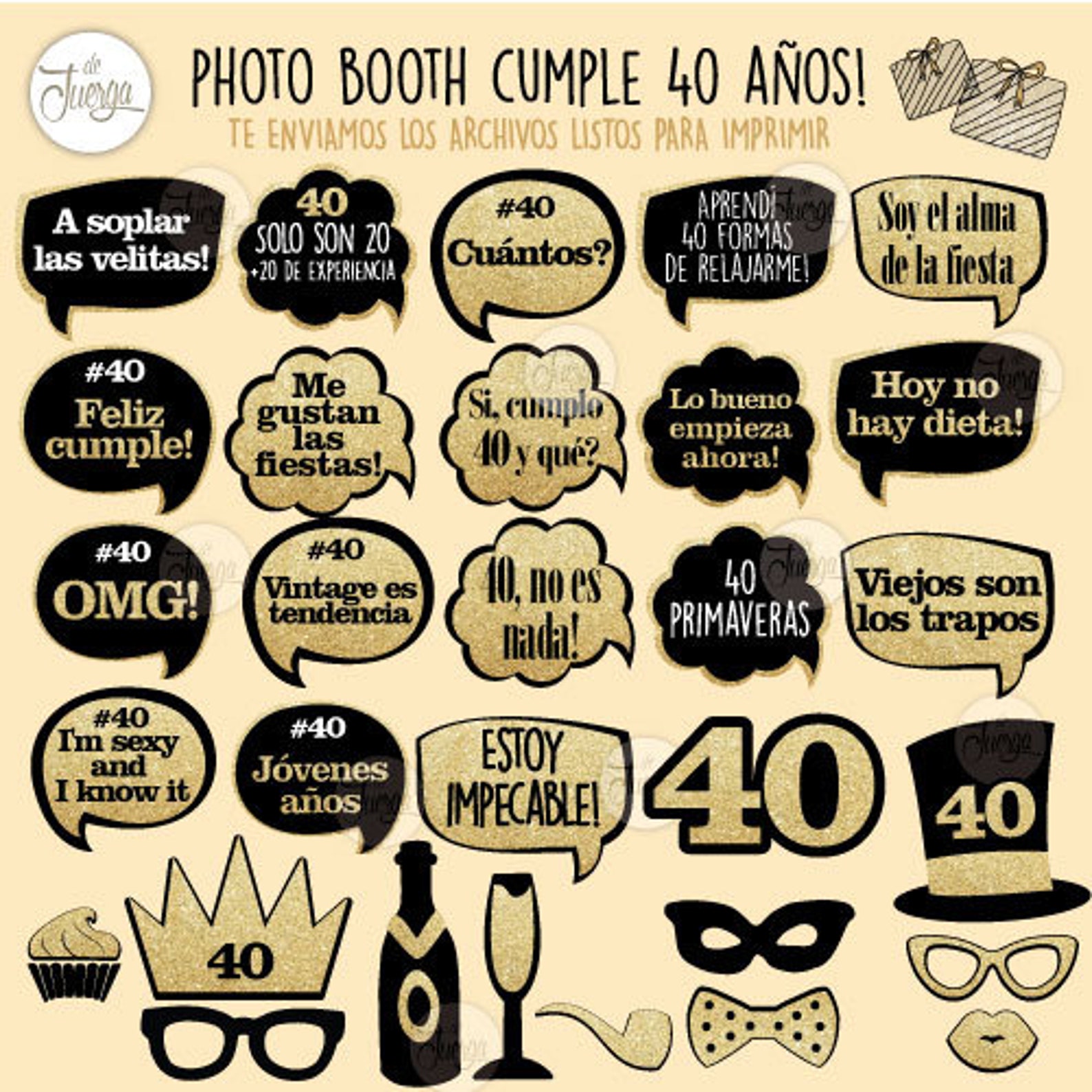 40 años Photo Booth Props Imprimible Cumple 40 años pdf printable