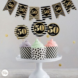 Afdrukbare kit 50 jaar. Gouden glitter verjaardag. Wimpels, toppers, labels en nog veel meer