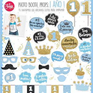 Photo Booth Cumple 1 Año Nene Glitter Imprimible Props 1er año niño