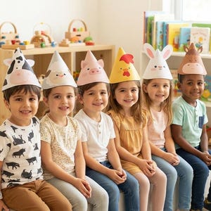 Puede incluir: Un conjunto de seis gorros de fiesta de papel en forma de cono con diseños de animales que incluyen una vaca, oveja, cerdo, pollo, conejo y caballo. Cada gorro está decorado con la cara y las orejas del animal en colores suaves y gráficos.