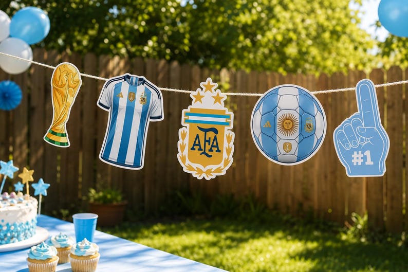 May include: A decorative party banner featuring five cutouts hanging on a string: a gold trophy, a blue and white striped soccer jersey, the AFA crest with three stars, a blue and white soccer ball, and a blue foam finger with the text #1.