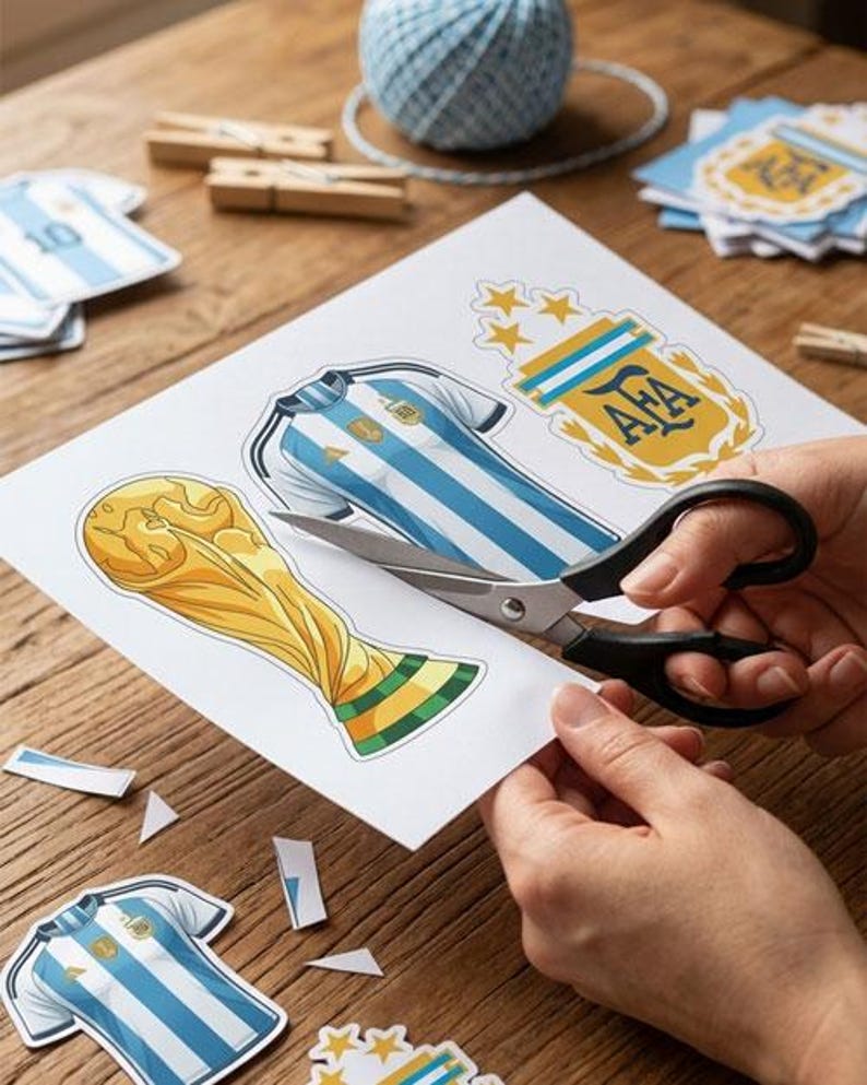 May include: A white sheet of paper featuring printed illustrations of a gold trophy, a light blue and white striped soccer jersey, and an AFA logo with three stars. A pair of black scissors is cutting out the trophy design from the paper sheet.