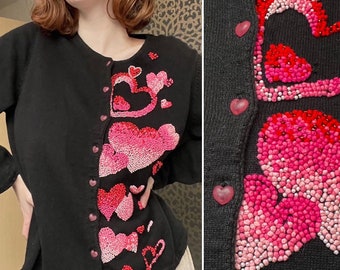 Vintage 1990s Beaded Pink Heart Cardigan Valentines Day