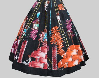 Mexico 1950s Building a Wall Skirt / Vintage Novelty Print Hand Painted Signed Circle Skirt