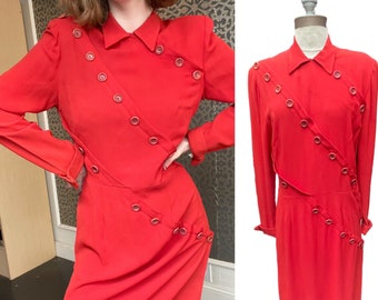 Vintage 1940s Red Collared Long-Sleeved Dress with Button Detail RARE