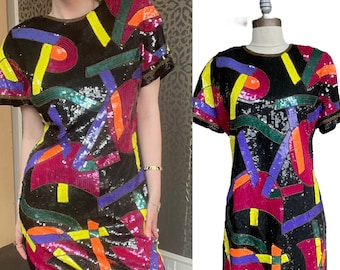 1980s Vintage Neiman Marcus Sequined Short-Sleeve Mini Dress