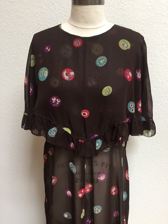 1920s-1930s Printed Silk Chiffon Ruffle Bib Dress