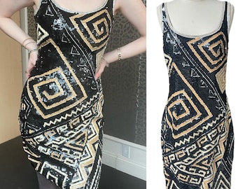 1980s Vintage Black and Gold Geometric Sequined Sleeveless Dress