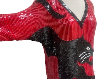 1980s Vintage Red Sequined Black Panther Blouse Medium-Large