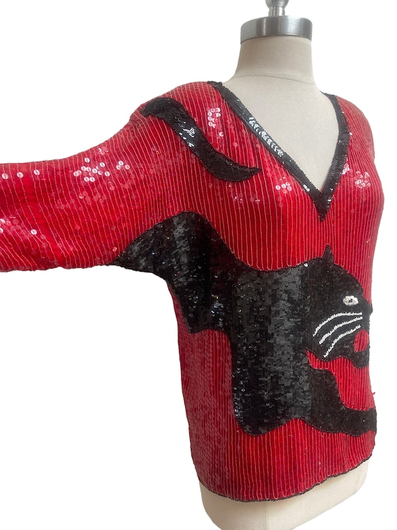 1980s Vintage Red Sequined Black Panther Blouse Me