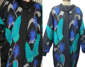 Vintage 1980s Black Button-Up Sweater with Blue Butterfly Design