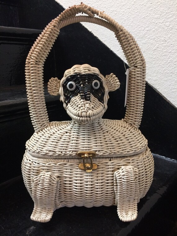 REDUCED 1950s Novelty MONKEY White Wicker Purse Ha