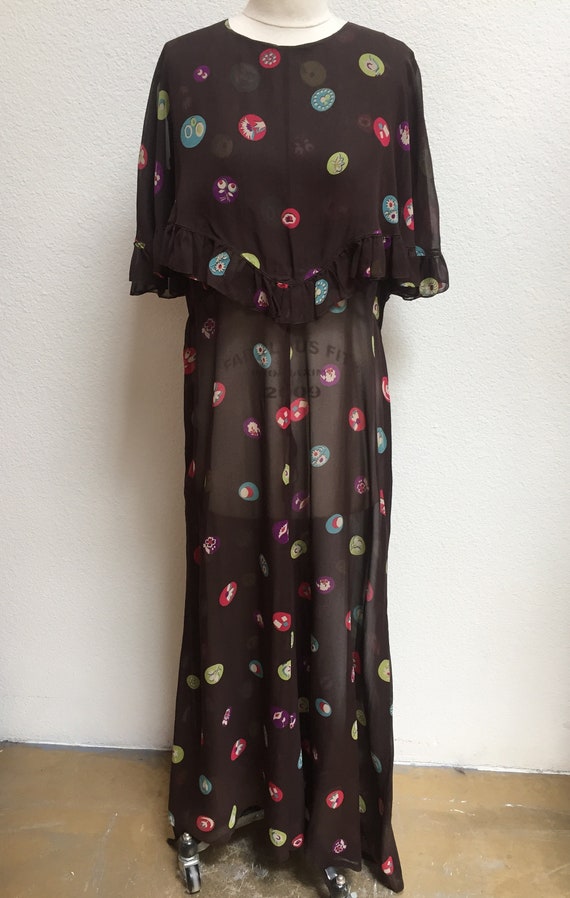 1920s-1930s Printed Silk Chiffon Ruffle Bib Dress