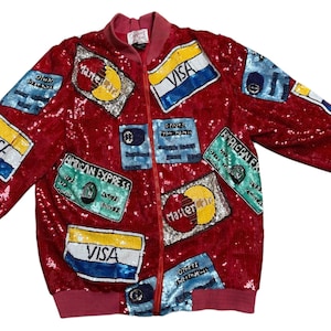Jaqueta bomber vintage com lantejoulas dos anos 80 vermelha com cartão de crédito