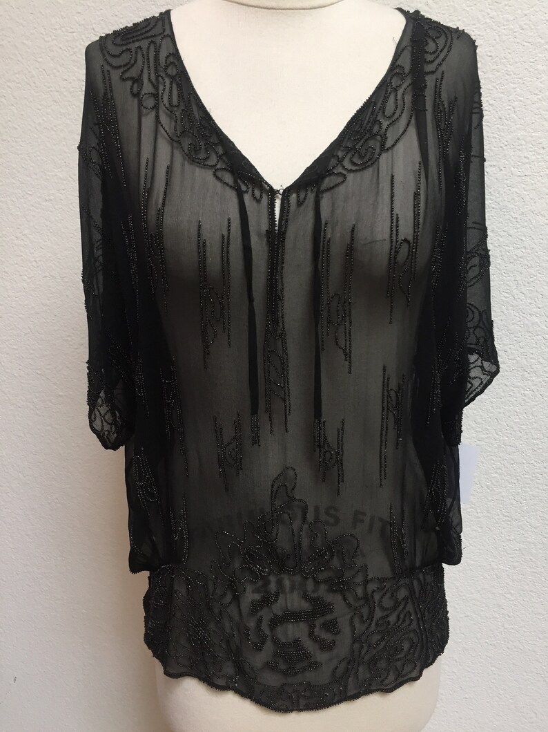 1920s Black Beaded Silk Blouse Excellent Condition image 2