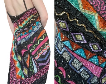 1990s Vintage Rainbow Geometric Sleeveless Cocktail Dress Bead Sequins