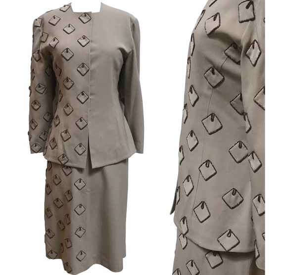 1940s Gold Beaded Taupe Suit Jacket and Skirt Rar… - image 1