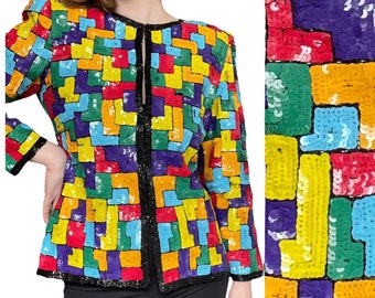 1980s Vintage Sequined Checkered Tetris Pattern Rainbow Jacket