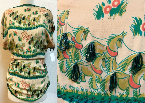 1940s Novelty Horse and Cart Print with sequins an