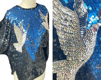 Vintage 1980s Sequined Dove Long-Sleeve Blouse