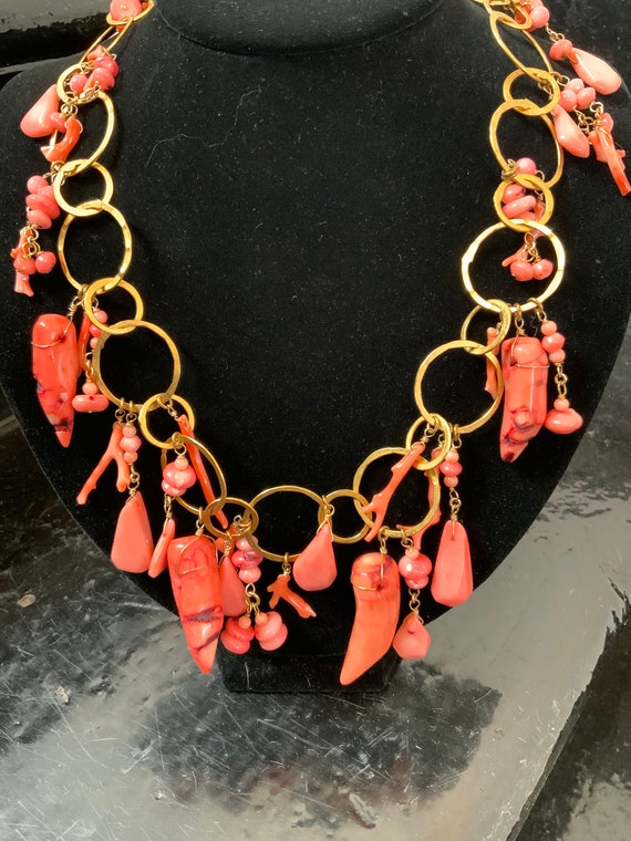 Vintage Pink Coral and metal Necklace 70s 80s brut