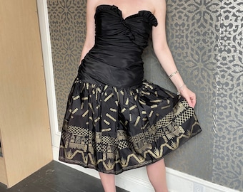 Vintage 1980s Zandra Rhodes Strapless Black and Gold Dress