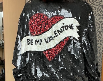 Vintage 1980s BE MY VALENTINE Heart-Sequined Pull-Over Zipper