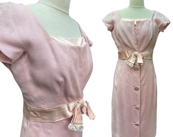 1960s RARE Designer Vintage Darling Baby Pink Button-Up Wiggle Dress with Bow