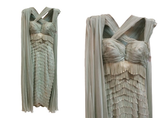 SALE 1950s Fringe Mint Green Wiggle Cocktail Dress