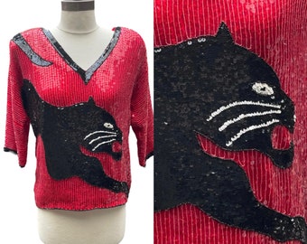 1980s Vintage Sequined Panther Pull-Over Sweater