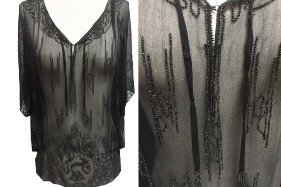 1920s Black Beaded Silk Blouse Excellent Condition - image 1