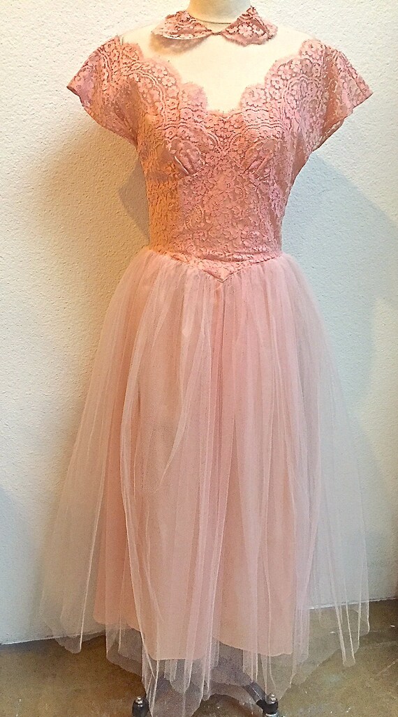 1950s Lace & Tulle Pale Pink Prom Party Dress