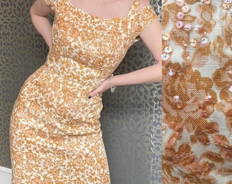 1960's Vintage Peggy Hunt Mustard Yellow Sequined Floral Wiggle Dress