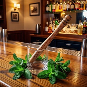 May include: A wooden muddler rests in a clear glass with fresh mint leaves, set on a wooden bar. Stainless steel cocktail shakers are nearby. The background features a bar with bottles of liquor and framed artwork.
