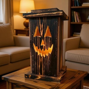 May include: A wooden Halloween lantern with a carved jack-o'-lantern face. The lantern is made of dark stained wood with a rectangular shape. The face is illuminated, creating a warm glow. The lantern sits on a wooden table.