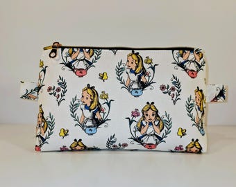 Alice in Wonderland Quilted Cosmetic Bag: Handmade Padded Travel Toiletry Makeup Bag.