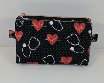 Medical Heartbeat Quilted Cosmetic Bag: First Responder Handmade Padded Travel Toiletry Makeup First-aid Bag.
