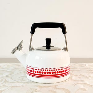 Théière/bouilloire en émail blanc avec motif à pois rouges