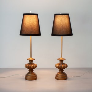 Pair of Mini Buffet Table Lamps with Black Silk Shades and Gold Base