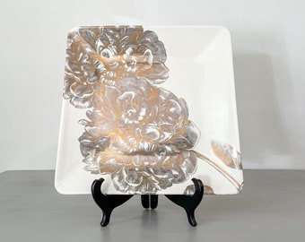 Decorative Dining Plate with Embossed Peonies and Gold Details