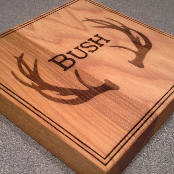 Personalized and Laser Engraved Set of 4 Hardwood Coasters-ANTLERS   4"x4" -Perfect gifts for Christmas and Birthday.