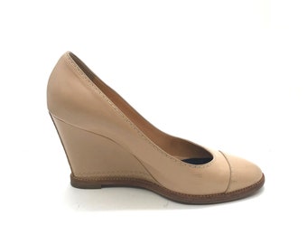 Chanel Beige Leather Cap Toe Wedge Pumps