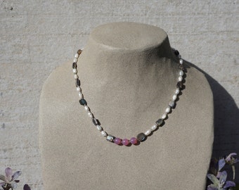 3 Pink Beads with Fresh Water Pearls Necklace