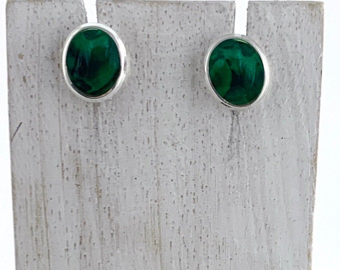 Green Shell Earrings, Green Tinted Abalone Shell, Sterling Silver 925, Oval Green Stud, Minimalist, Clean Look, Classic