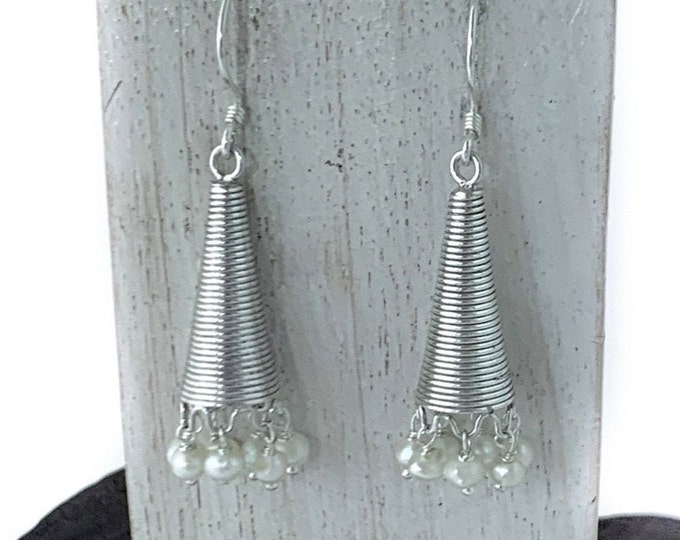 Silver Pearl Earrings, Silver Cone Earring, Tiny Pearl, Original Earring, Boho Earrings,Fun Earrings, Triangular, Coiled Earring