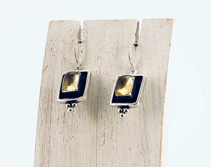 Cabochon Citrine Earrings, Sterling Silver Citrine, Cute Rectangle Earrings, Minimalist Citrine Earrings