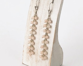 Rose Quartz Earrings, Sterling Silver Long Dangle Earrings, Pink Earrings, Tiny Multi Rose Quartz, Silver pink Earrings