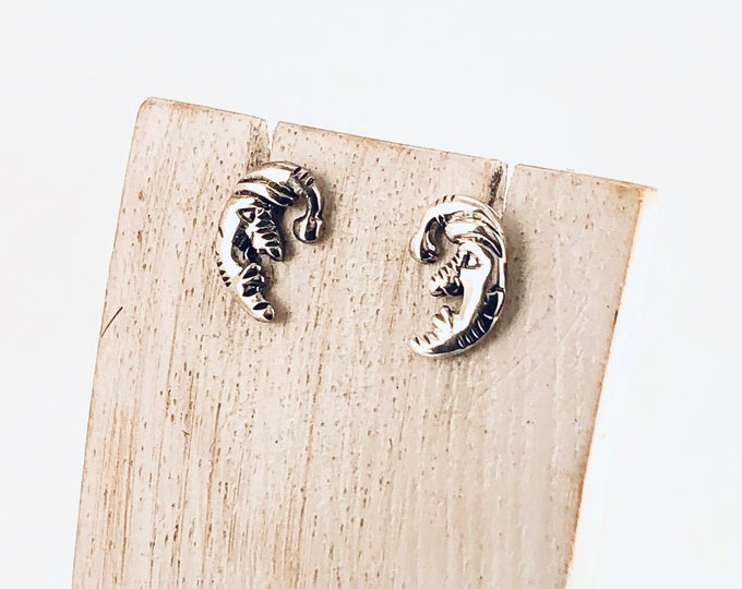 Sleepy Crescent Moon, Sterling Silver Stud Earrings, Fun Moon Jewellery, Vintage Crescent Moon Stud, Silver Crescent Moon Stud