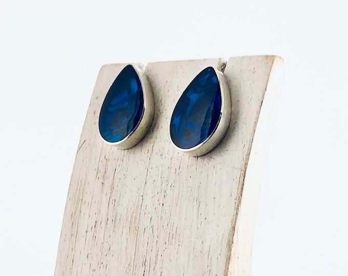 Blue Paua Earrings,  Beautiful TearDrop Stud Earrings, Sterling Silver Blue Shell, Tear Drop Studs, Blue Jewellery, Square Stud