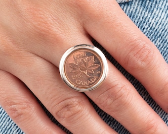 Silver Canadian Penny Ring, Canadian Penny Jewellery, Copper Round Ring, Sterling Silver Penny Ring,Lucky Coin, Canadian Coin Ring